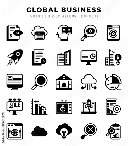 Set of Global Business Icons. Simple Lineal Filled art style icons pack.