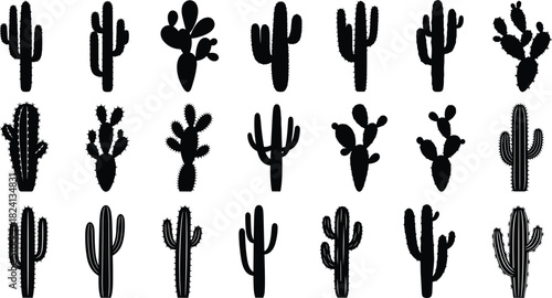 Large cactus silhouette vector collection. Variety of desert, succulent, thorny, and arid plants including saguaro and prickly pear for nature icons.