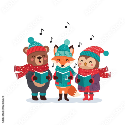 Festive animal choir singing Christmas carols together.