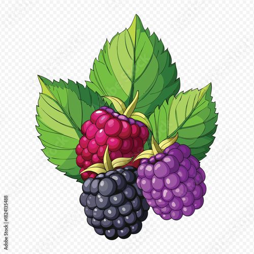 A vibrant illustration of raspberries and blackberries with detailed green leaves