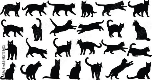 Mega Set of Black Cat Silhouettes Vector Collection - Domestic Kitty Poses, Walking, Sitting, and Jumping Pet Animal Icons