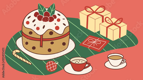 An inviting holiday table illustration with a classic christmas fruitcake topped with icing and berries, flanked by presents, coffee, and festive decor, embodying seasonal joy.