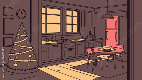 Cozy christmas kitchen scene with festive tree and dining area, warm evening light creating an inviting holiday atmosphere for family gatherings and celebrations.