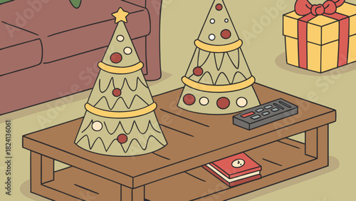 Stylized christmas trees, a festive gift, and a remote control on a wooden coffee table in a cozy living room, symbolizing holiday relaxation and joy in a charming cartoon illustration.