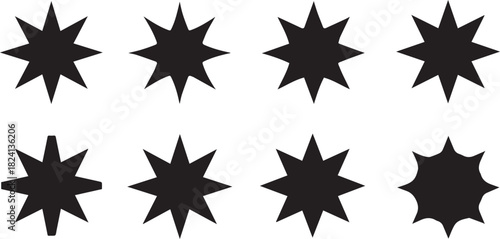 Eight black starburst shapes in two rows on white eight pointed star