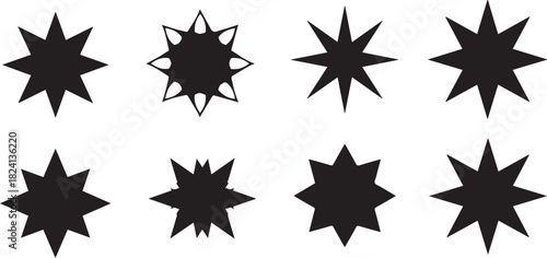 Eight black starburst shapes in two rows on white background