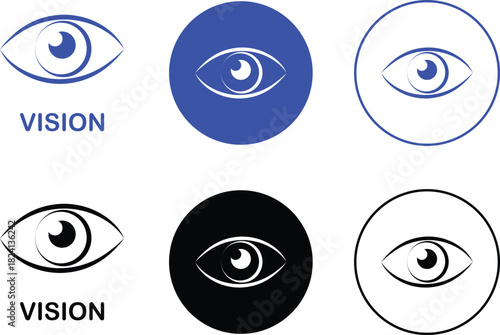 Vision eye icon set collection group in black flat line style, eyesight seeing symbol illustration pack of optic view gaze signs, eye graphic bundle for visual perception elements and sensory design