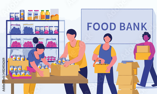 Community members sorting and packing food donations for charitable distribution