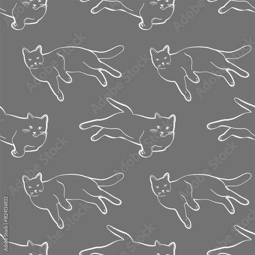 Seamless pattern with cat poses in clean lineart, ideal for stationery, fabric, packaging and cozy pet-themed designs