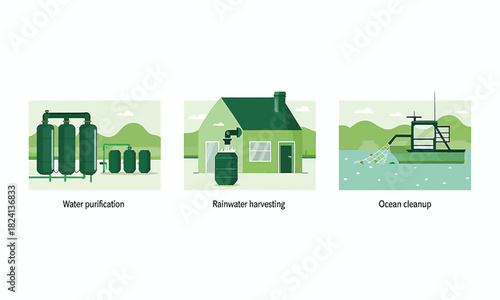 Flat vector designs showcasing sustainable water solutions and marine debris removal