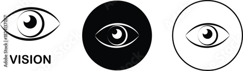 Vision eye icon set collection group in black flat line style, eyesight seeing symbol illustration pack of optic view gaze signs, eye graphic bundle for visual perception elements and sensory design