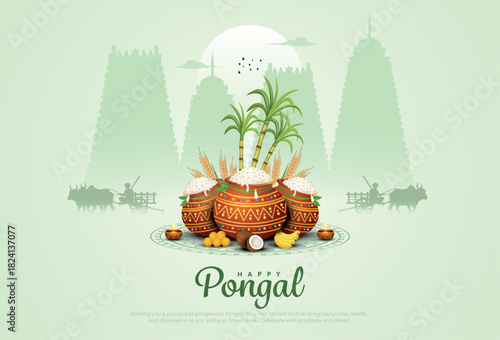 Tamil Nadu festival Happy Pongal with traditional Pongal props, green holiday Background, pongal celebration greeting card with temple and farmer, vector illustration design.