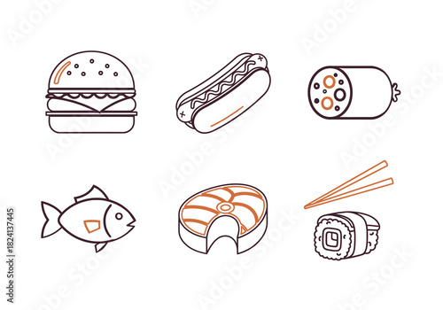 Set of line icons for meat and fish food isolated on