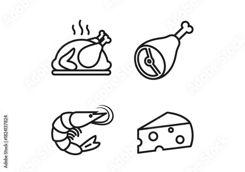 Set of four food icons roast chicken, drumstick, shrimp, cheese