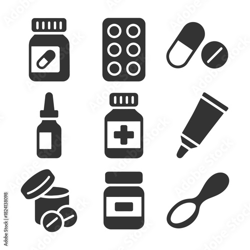 Medical icons set: medication bottles, pills, syringe, cream tube, nasal spray, spoon.