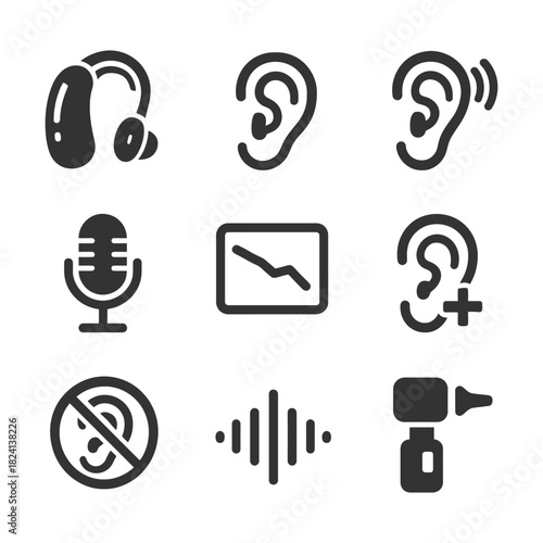 Hearing aid icons set with ears, microphone, sound waves, and hearing protection symbols.