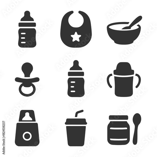 Baby feeding essentials: bottles, bib, pacifier, bowl, and more icons on white background.