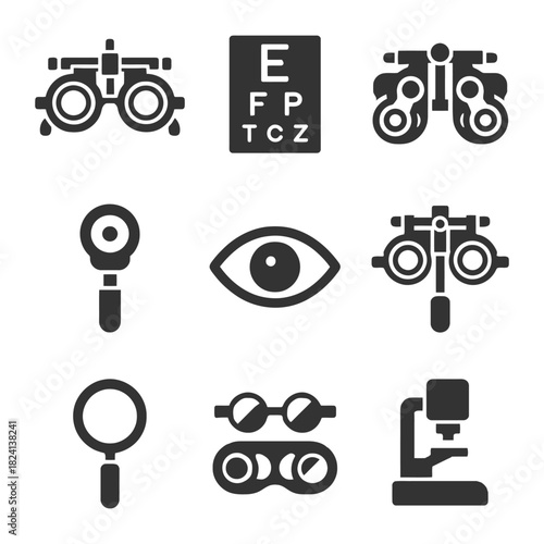 Eye examination tools and icons including eye chart and microscope.