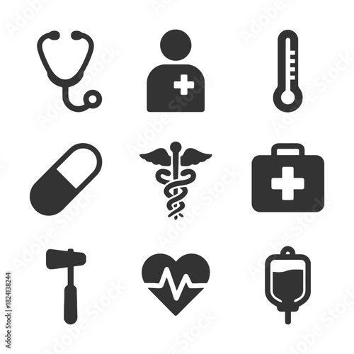 Medical icon set: stethoscope, doctor, thermometer, pill, caduceus, first aid, reflex hammer, heartbeat, iv.