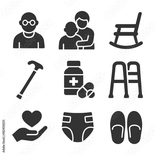 Elderly care icons set: medication, mobility, support, family, comfort.