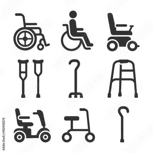 Icons of mobility aids including wheelchair walker crutches and cane.
