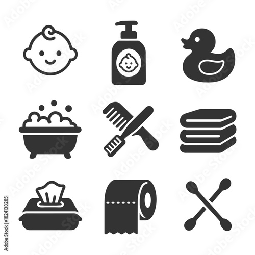 Baby care essentials: bath tub, rubber duck, comb, soap, towels, wipes, cotton swabs.