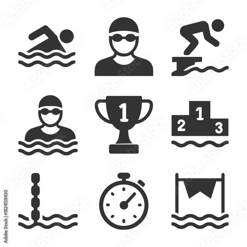 Swimming icons collection: swimmer, trophy, stopwatch, podium, diving, goggles, waves.