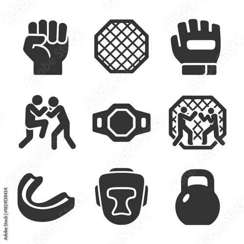 Mixed martial arts icons: gloves, octagon, fighters, championship belt, protective gear, kettlebell.