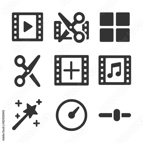 Video editing icons collection: play, cut, effects, and tools.