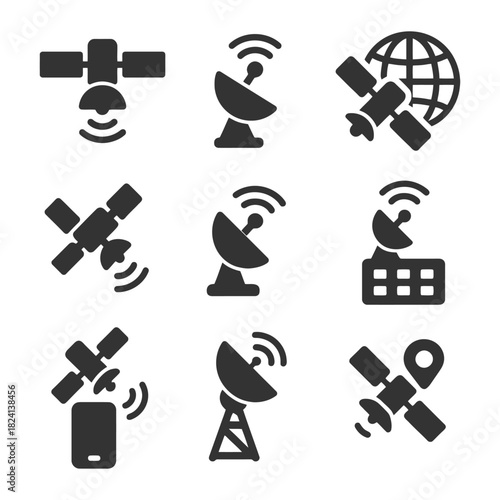 Satellite and antenna icons representing global communication technology.