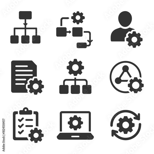 Set of nine black icons depicting business processes and gear symbols.