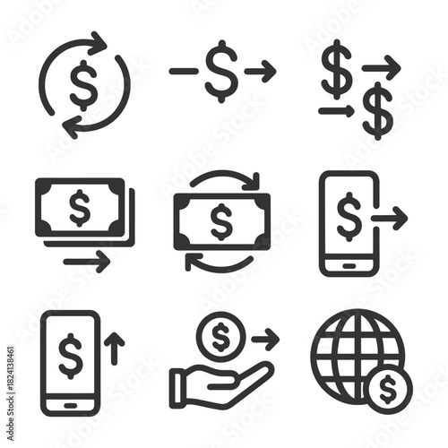 Currency exchange and transfer icons for digital and mobile transactions.