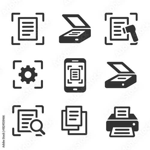 Document and barcode scanning icons with printer and phone elements.