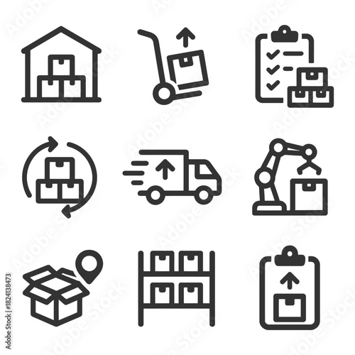 Logistics and warehousing icons set with delivery and inventory management symbols.