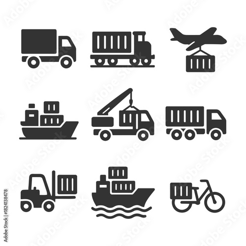 Transport icons: truck, train, plane, ship, crane, forklift, bicycle.