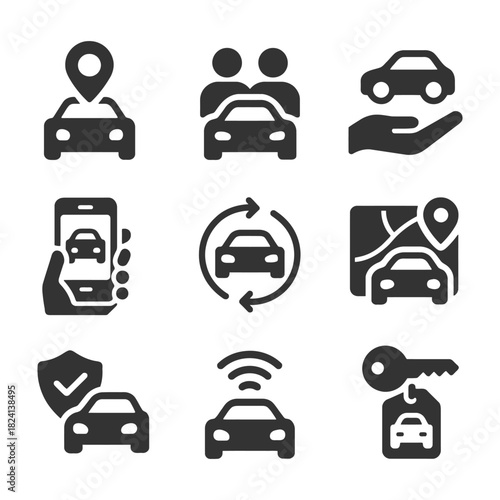 Car rental and sharing icons: gps, key access, insurance, mobile integration.