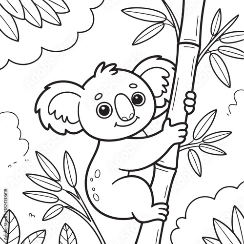 Adorable cartoon koala clinging to a bamboo stalk with foliage and sky cute animal