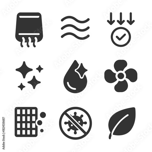 Air purifier icons: ventilation, clean air, anti-bacterial, and eco-friendly symbols.