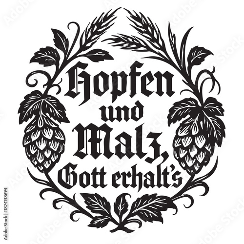 an ornate black and white emblem featuring hops barley and germanic lettering a vintage style illustration