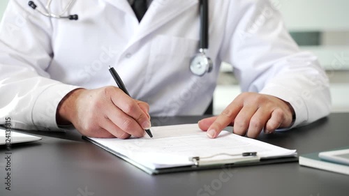 Close up of doctor's hand signing medical documents in hospital office. Physician in lab coat reviewing a report on clipboard, writing prescription, filling out patient records or treatment conclusion