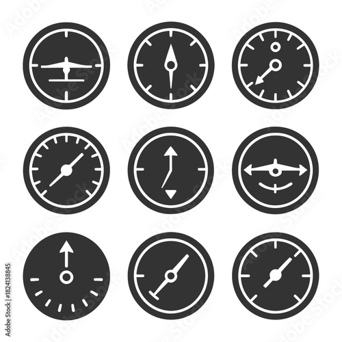 Set of nine aviation instrument dial icons for navigation and flight control.