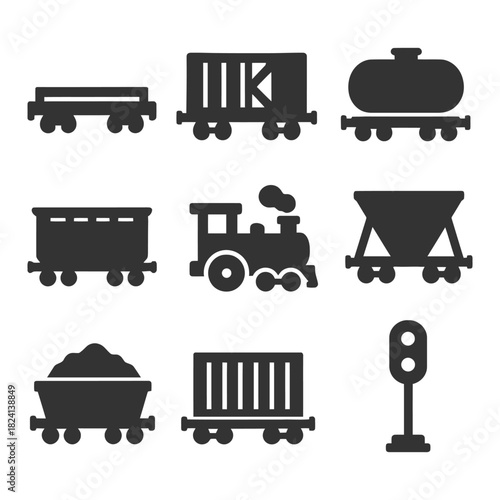Set of black train icon illustrations with different carriages and locomotives.