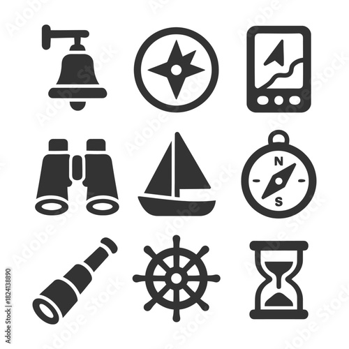 Nautical icons set featuring compass, binoculars, sailboat, and hourglass.
