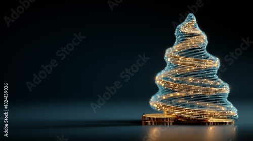 Digital finance concept with a hologram Christmas tree formed by glowing data lines standing on stacked gold coins. Cryptocurrency, investment, blockchain, savings, holiday marketing, fintech