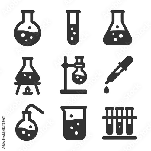 Set of black laboratory equipment icons with flasks and test tubes.