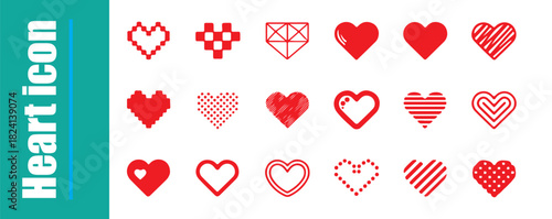 Set of red and black heart vector symbols featuring geometric, pixelated, and striped variations
