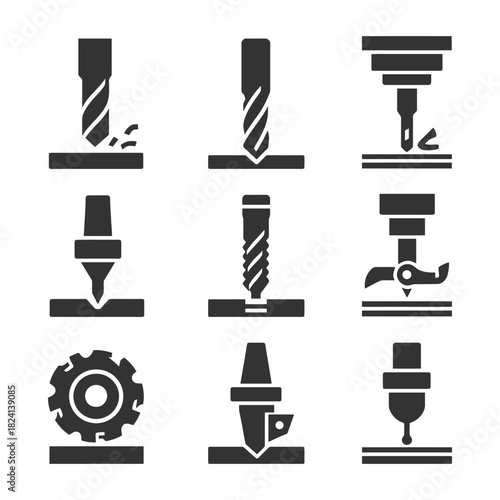 Set of black silhouette icons of industrial machine tooling processes.
