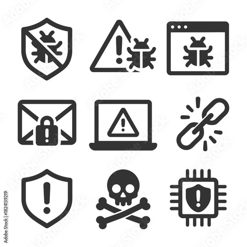 Cybersecurity symbols set: bug warning, shield protection, secured email, and malware threat icons.