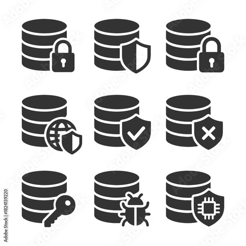 Database security icons: lock, shield, key, bug, processor.