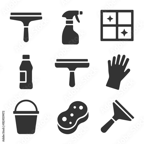 Cleaning tools icons: squeegee, spray bottle, gloves, bucket, sponge, window.